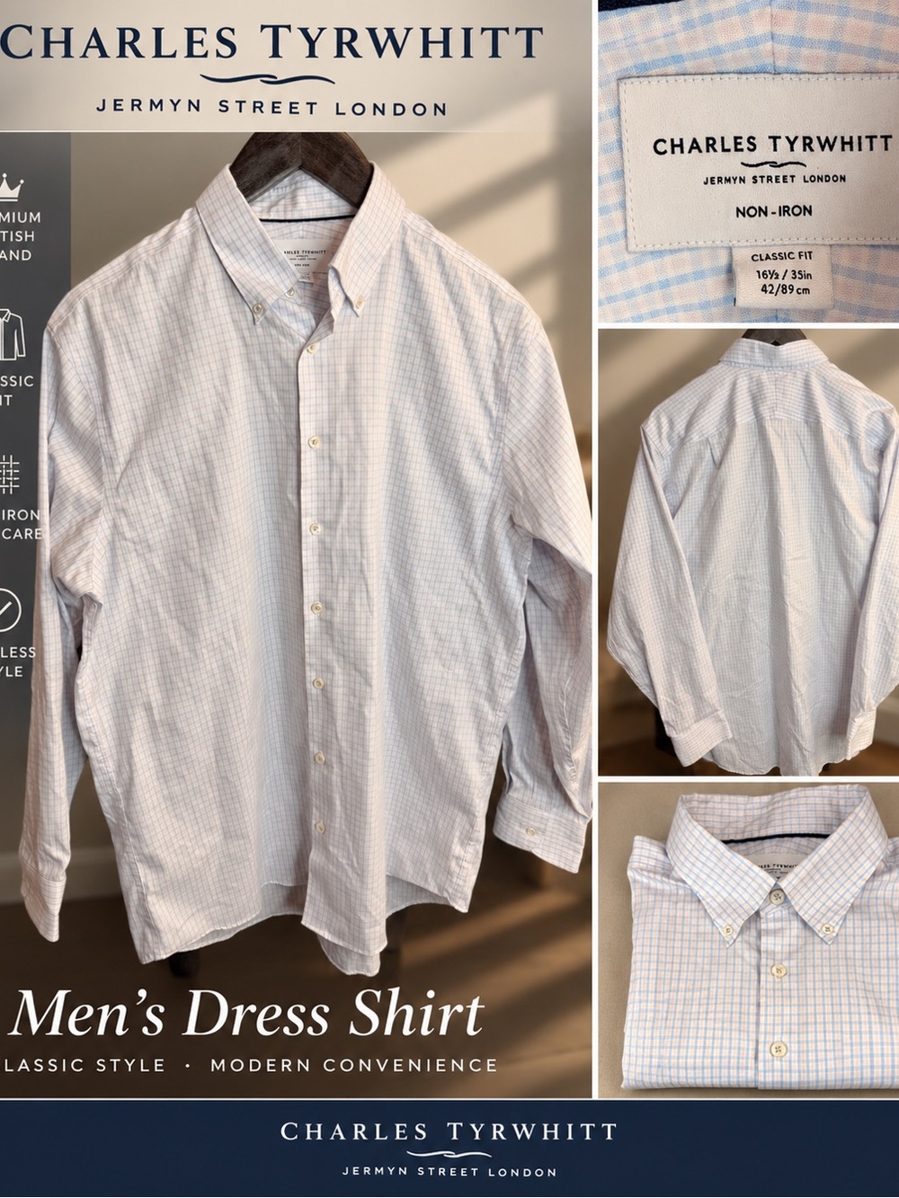 Charles Tyrwhitt White Shirt with Light Blue and Light Pink Windowpane 16.5/35